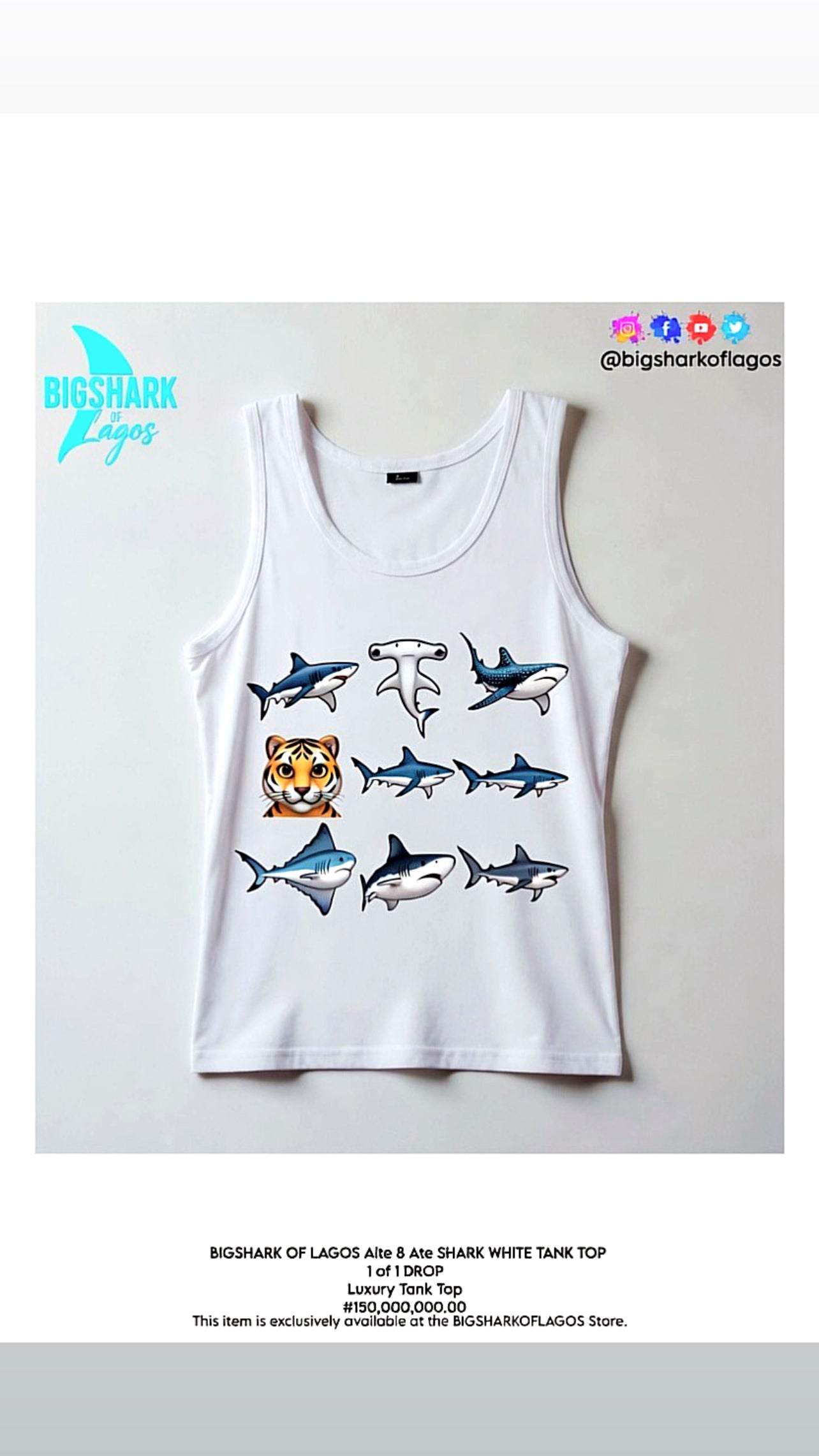 BIGSHARK OF LAGOS Alte 8 Ate SHARK WHITE TANK TOP
